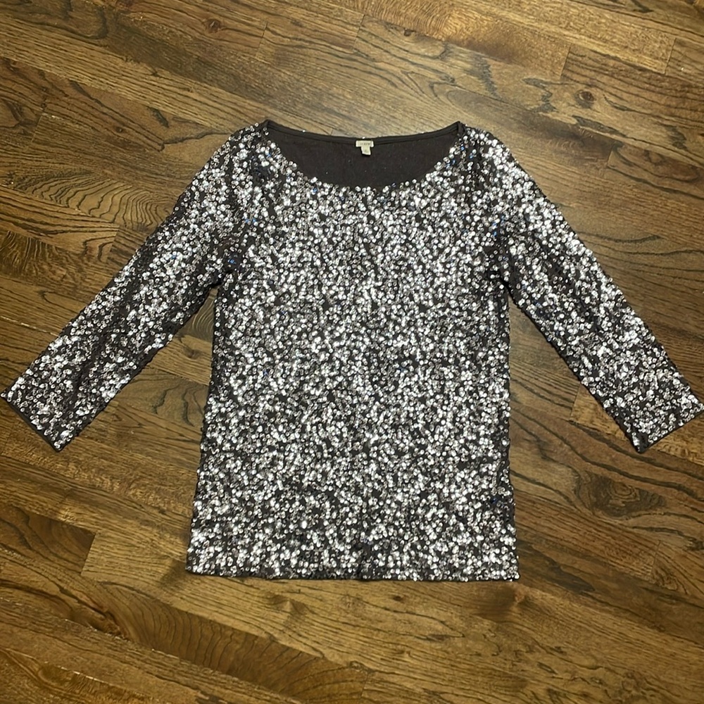 J Crew Sequin Top Tee Silver 3/4 Sleeve Size S